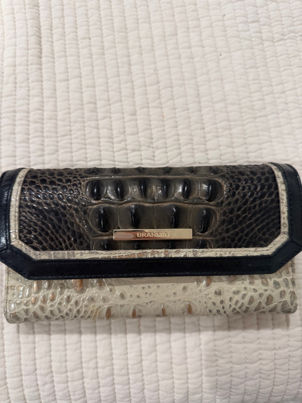 Brahmin Croc-Embossed Foldover Wallet in Black and Cream